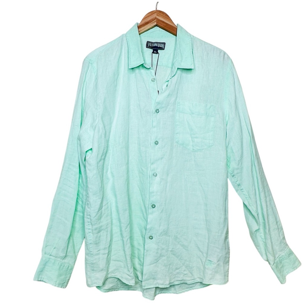 Vilebrequin Caroubis Linen Shirt Size XL Garment Dyed Light Green Vert d'eau - Picture 13 of 13